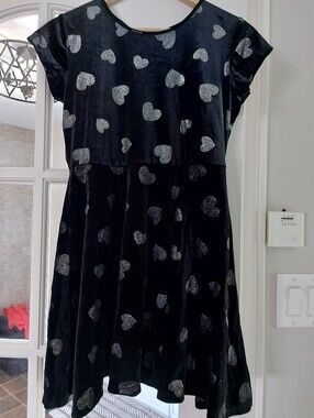 The Children's Place Black Velvet Dress with Silver Heart Print